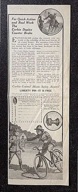 1918 BICYCLE Coaster Brake Genuine ANTIQUE Print Ad 5" x 15" (folded)