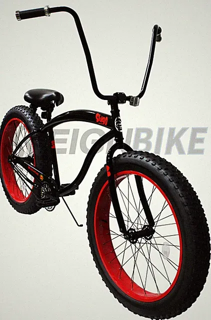 26" Slugo 4" Fat Tires Stretch Beach Cruiser Bicycle Rise Handlebar Red Rim Bike