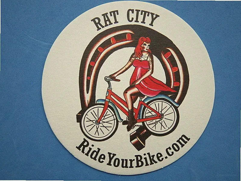 Beer COASTER ~ RAT CITY BIKES Gal Rider ~ Seattle, WASHINGTON Bicycle Shop; Bike