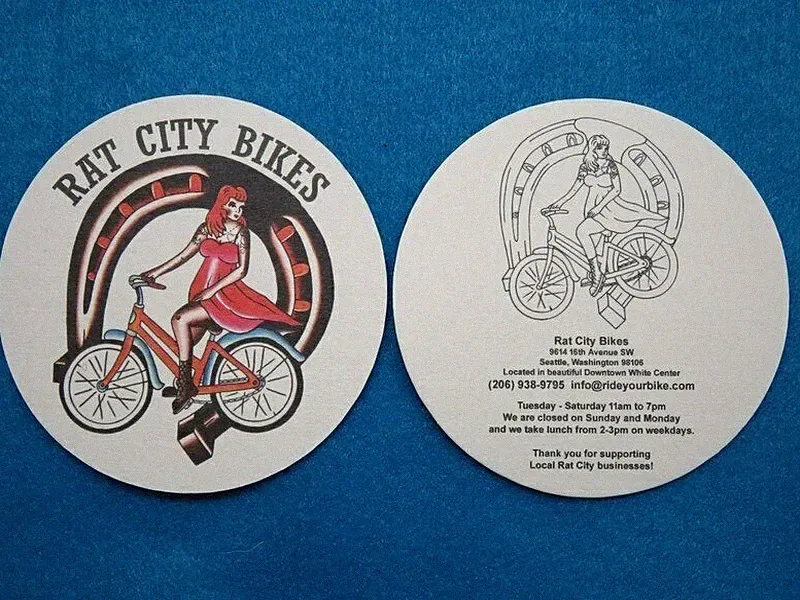 Beer Drink COASTER ~ RAT CITY BIKES Gal Rider ~ Seattle, WASHINGTON Bicycle Shop