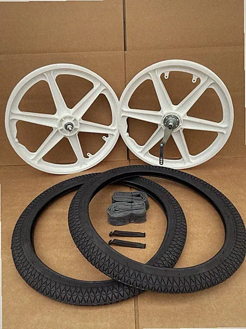 Coaster Brake 20" Bicycle Plastic WHITE Mag Wheels Set Black Tires Bundle BMX