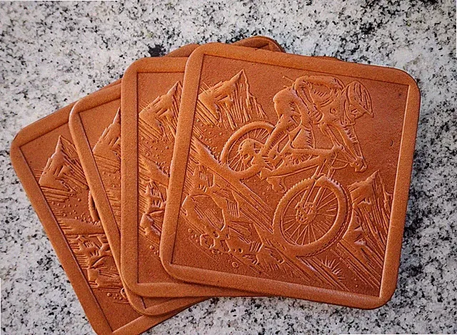 Leather Coasters with Mountain Bike Design, Full Grain, 10 oz, Set of 4 coasters